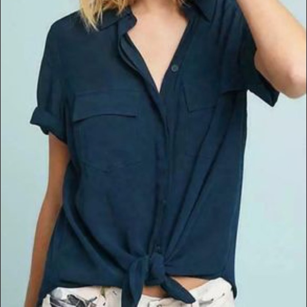 Anthropologie Navy Blue Shirt, Tie Front, Size S